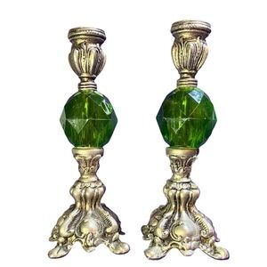 Vintage Ornate Silver Metal Emerald Green Glass Orb Taper Candle Holders Pair